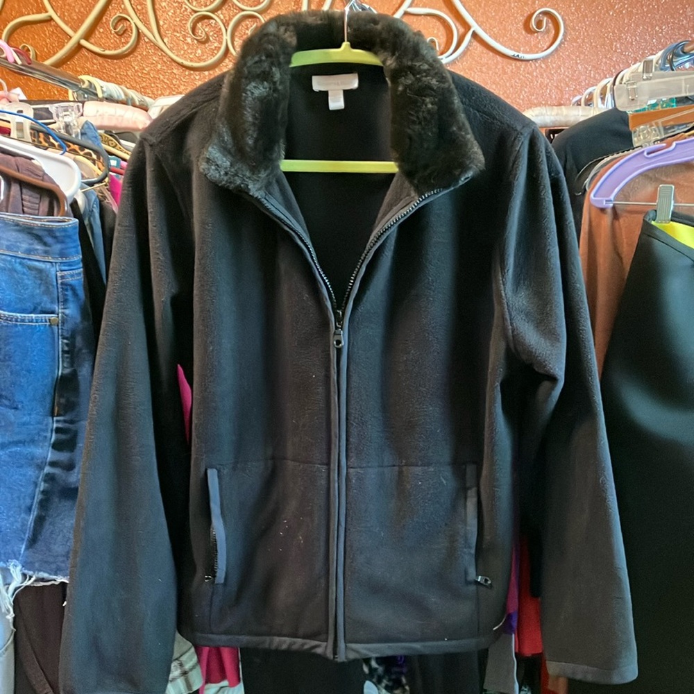 4/$20 Charter Club Black Fleece Jacket with Faux Fur Collar